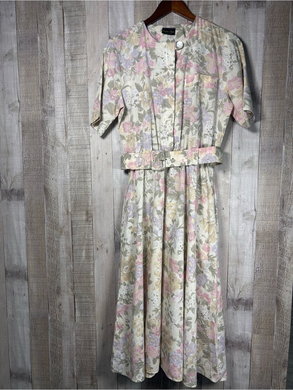 Vintage Stuart Alan Floral Midi Dress Belted 80's Cottagecore Garden Party Med